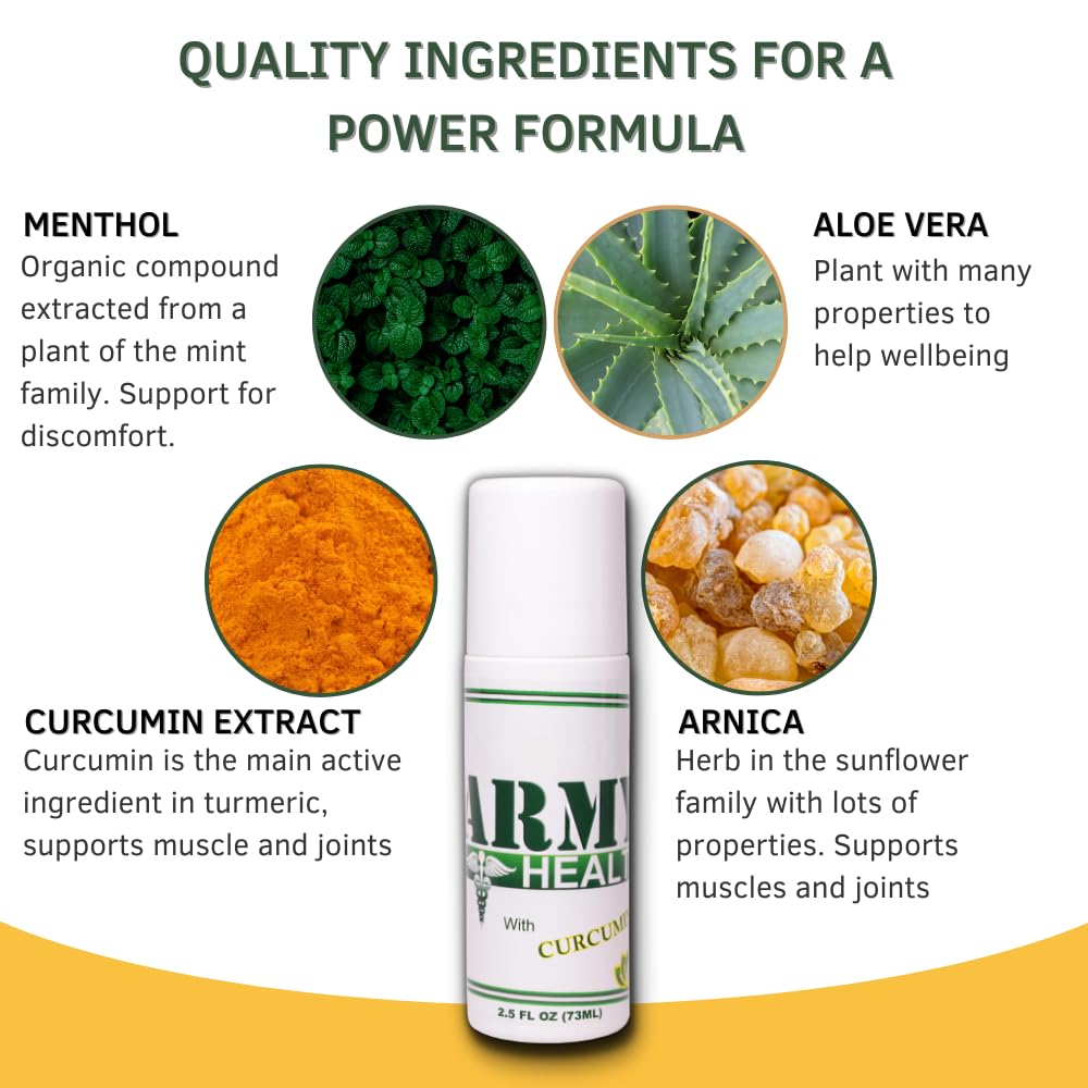 ARMY HEALTH Roll On 100% Natural Turmeric Curcumin - Pain Reliever - Inflammation - Headache - Backache - Joint and Muscle Pain 2.5 Oz ARMY HEALTH buy supplements canada