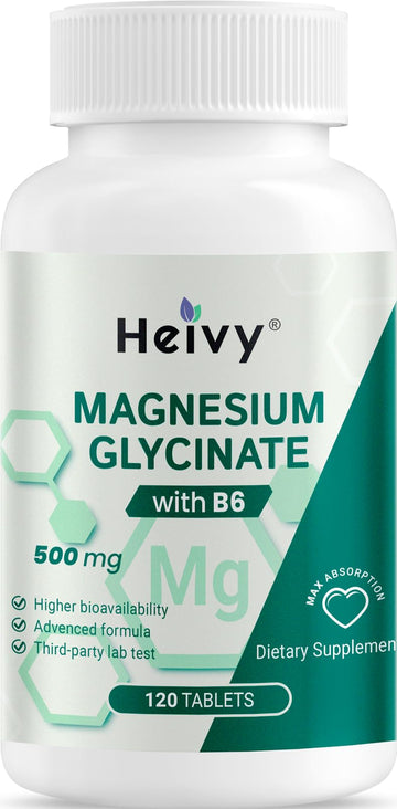 Heivy Pure Magnesium Glycinate 500mg with Vitamin B6, 100% Chelated & Purified Supports Nerve Relife, Sleep Aid & Muscle Support, Vegan & Non-GMO, Made in USA, 3rd Party Tested, 120 Tablets Heivy buy supplements canada