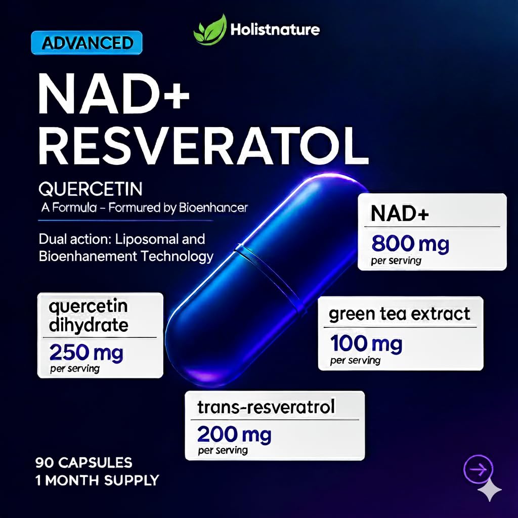 NAD+ Supplement, 1,360mg Max Strength Liposomal | Resveratrol, Quercetin, Green Tea | Cellular Energy & Healthy Aging for Men & Women | 800mg of 100% High Purity NAD+ for Energy, Focus - 90 Capsules Holistnature buy supplements canada