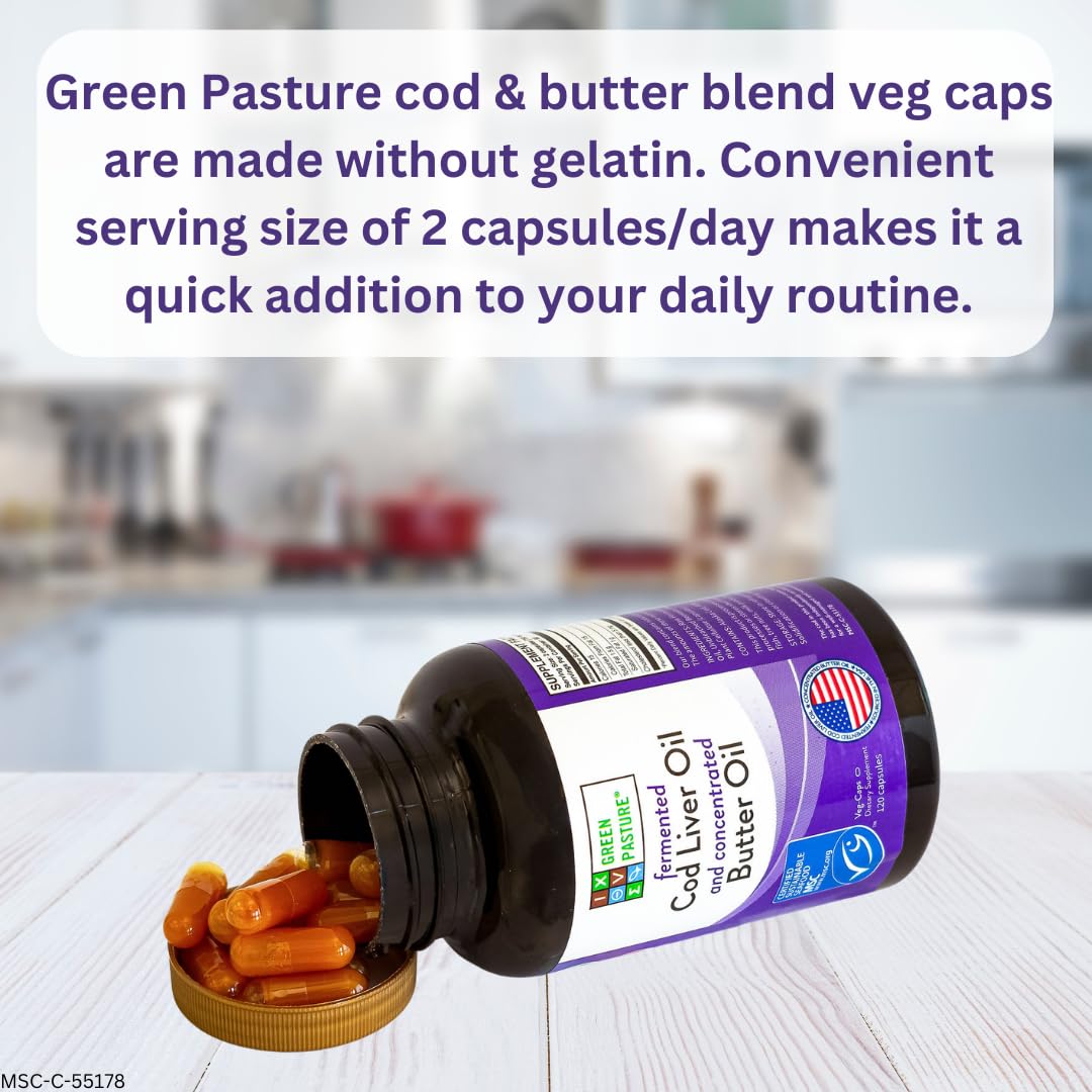 Green Pasture Fermented Cod Liver Oil & Butter Oil Blend - Wild Alaska Cod, Vitamins A & D, Omega-3-6-9, MSC Certified, 120 Capsules Green Pasture buy supplements canada