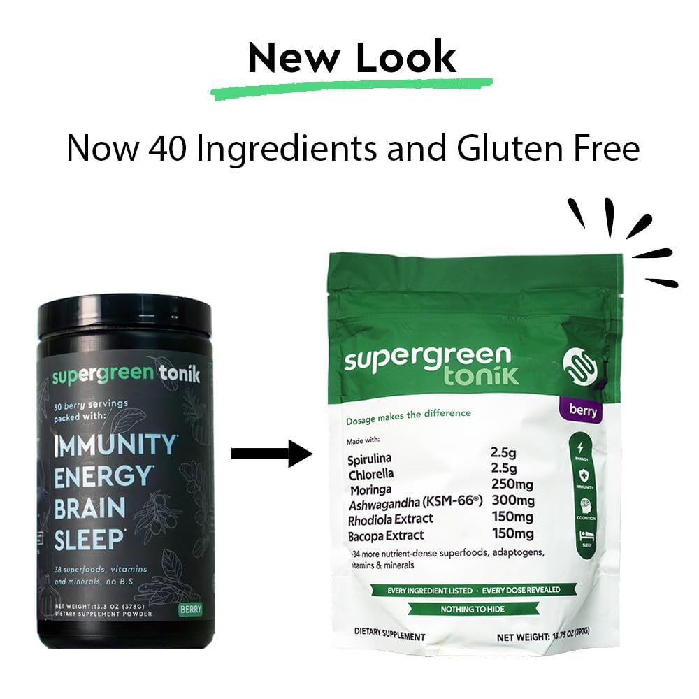 SUPERGREEN TONIK 100% Natural Greens Superfood Powder – Daily Supplement with 40 Superfoods, Vitamins and Minerals – Supports Energy, Stress and Immunity – 30 Days 360 Grams Berry Flavor (1 Bag) SUPERGREEN TONIK buy supplements canada