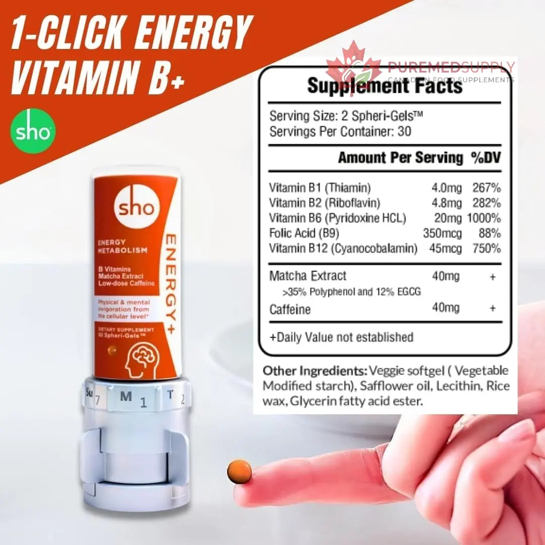 SHO Vegan Energy+ Focus Supplement Kit- Matcha Green Tea Extract, Methylated B Complex, Vitamin B and Caffeine Natural Energy Booster Without Crash, Jitters for Men and Women - 60 Pills Refill Bottle SHO buy supplements canada