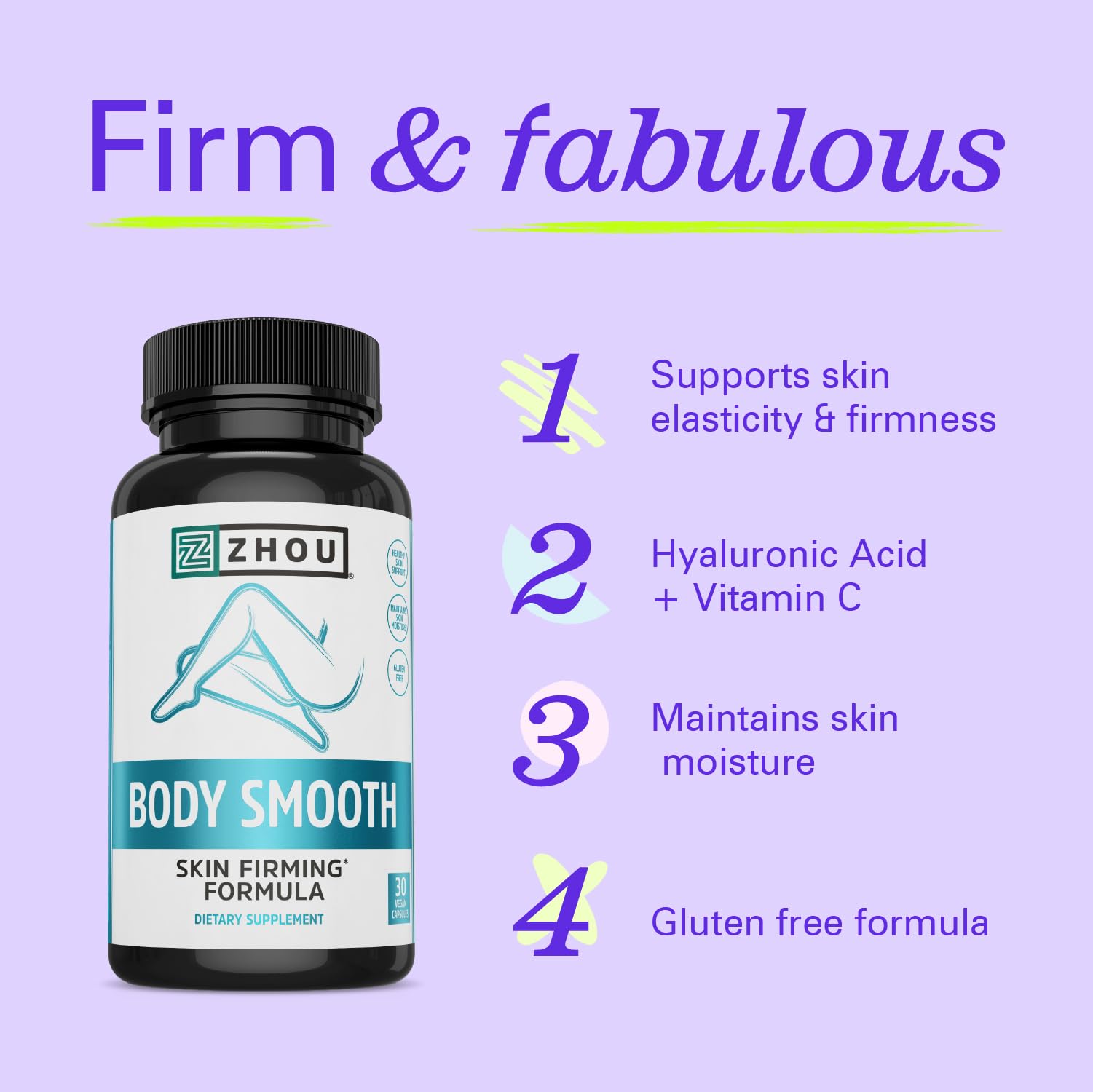 Zhou Body Smooth - Cellulite Pills for Women, Dimpless Anti Cellulite Supplement for Firm Smooth Skin with Hyaluronic Acid & Vitamin C, Skincare for Thigh, Legs, Butt, Supports Hydration - 30 Capsules ZHOU buy supplements canada