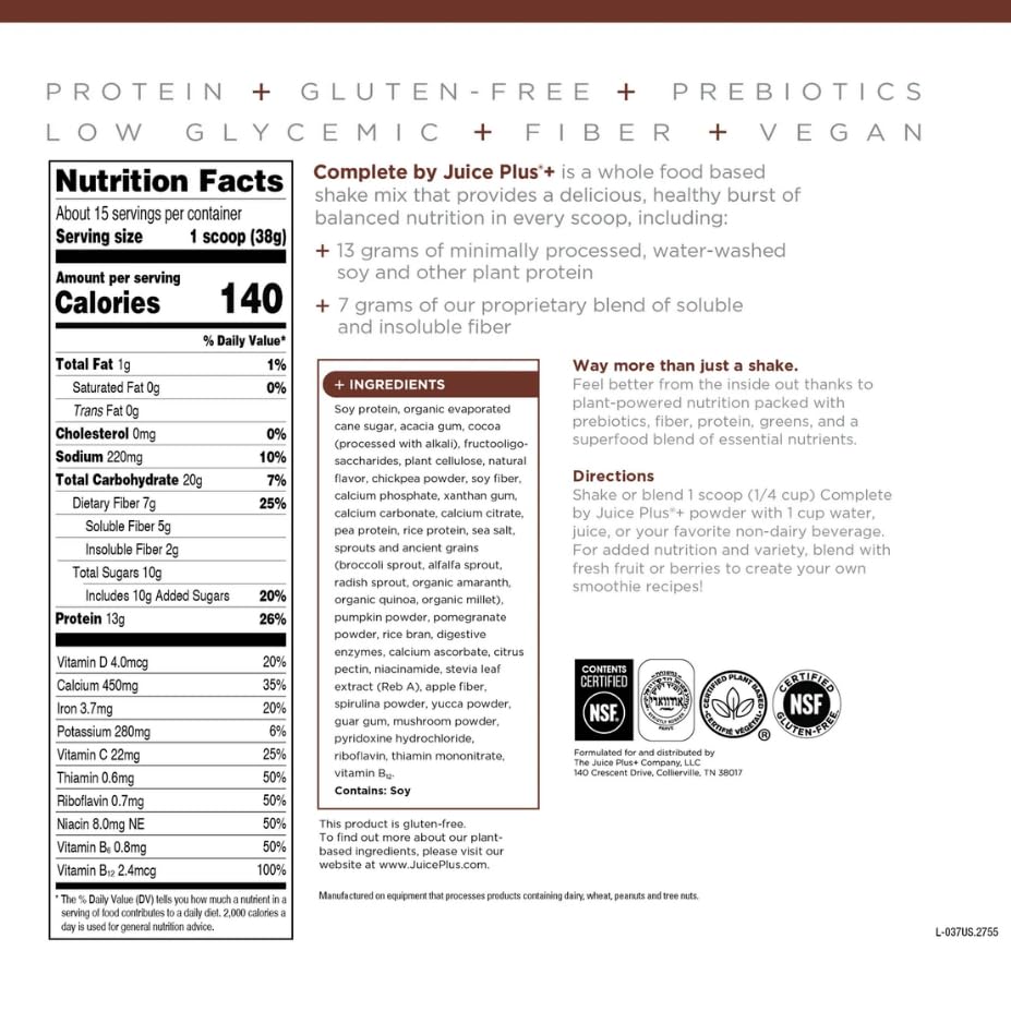 Complete by JuicePlus+ Dutch Chocolate Shakes - Plant-Based Nutrition - Whole Food Based Shake Powder with Protein, Fiber & Prebiotics - 30 Servings (2 Pouches, 15 Servings Each) Juice Plus+ buy supplements canada