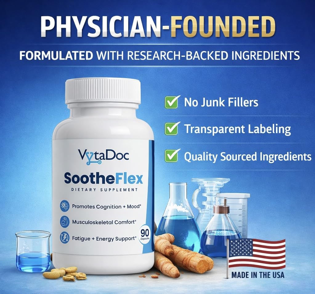 VytaDoc SootheFlex Joint, Energy & Mood Support for Women | Turmeric 900mg, Ferrochel® Iron, Magnesium Malate, Vitamin D3, Ginger, Selenium | 90 Capsules | Gentle Iron — Easy on Digestion VytaDoc buy supplements canada