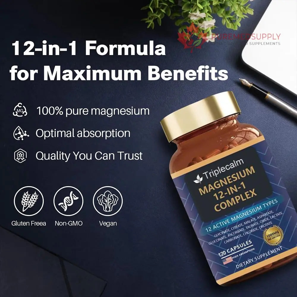Magnesium Complex 12 in 1 Supplement - 12 Elemental 1000mg - Magnesium Glycinate, Citrate, Malate, Taurate - High Absorption,for Muscle, Nerve & Sleep Support - 120 Capsules Triplecalm buy supplements canada