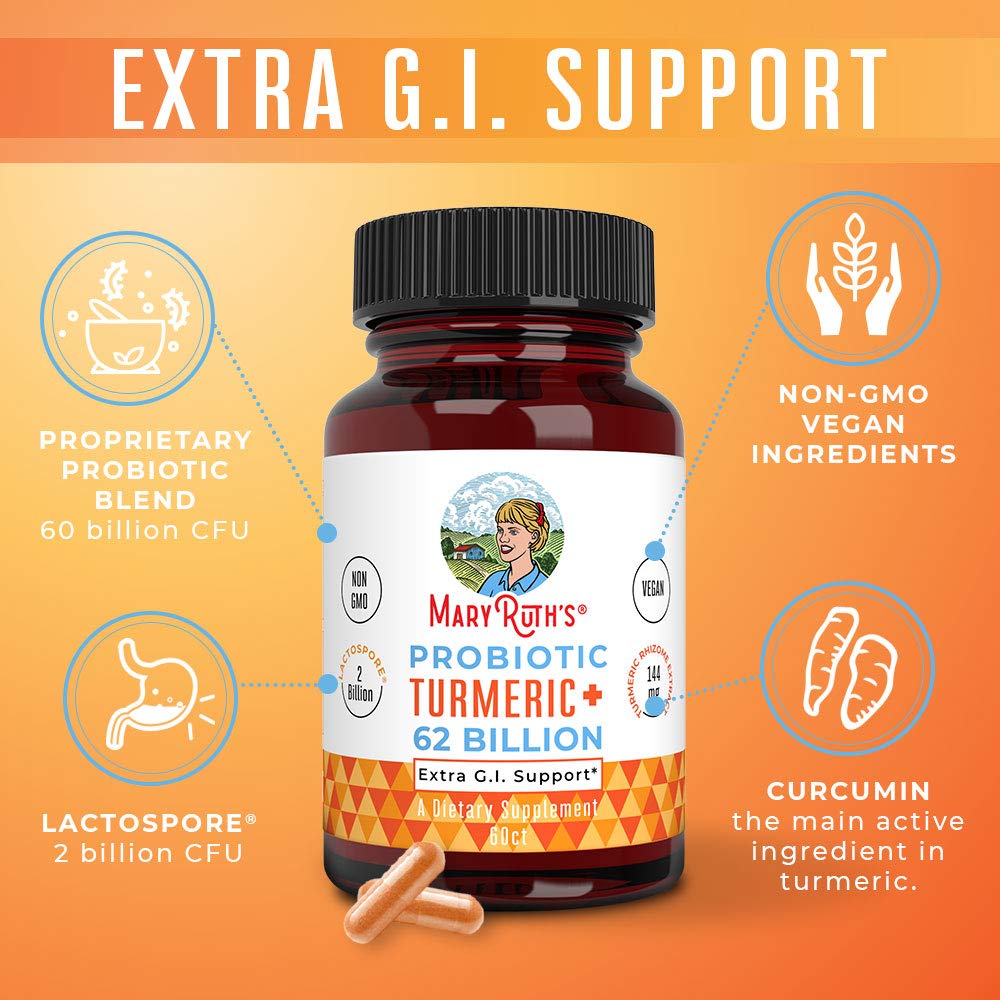 MaryRuth Organics Probiotic Turmeric + Extra GI Support | 62 Billion CFU | Organic Ingredients Turmeric Complex with Probiotics | Turmeric Curcumin Capsules for Digestion | Vegan | 60 Count MARYRUTH'S buy supplements canada