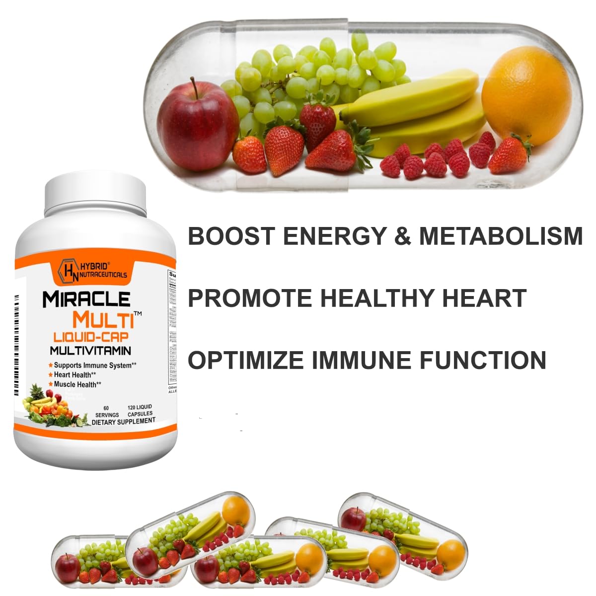 MiracleMulti Liquid Multivitamin Capsules for Men & Women - Complete Whole Food Blend Daily Vitamin & Mineral Supplement with CoQ10, B12, 42 Superfood Enzyme - 120 Softgels Hybrid Nutraceuticals buy supplements canada