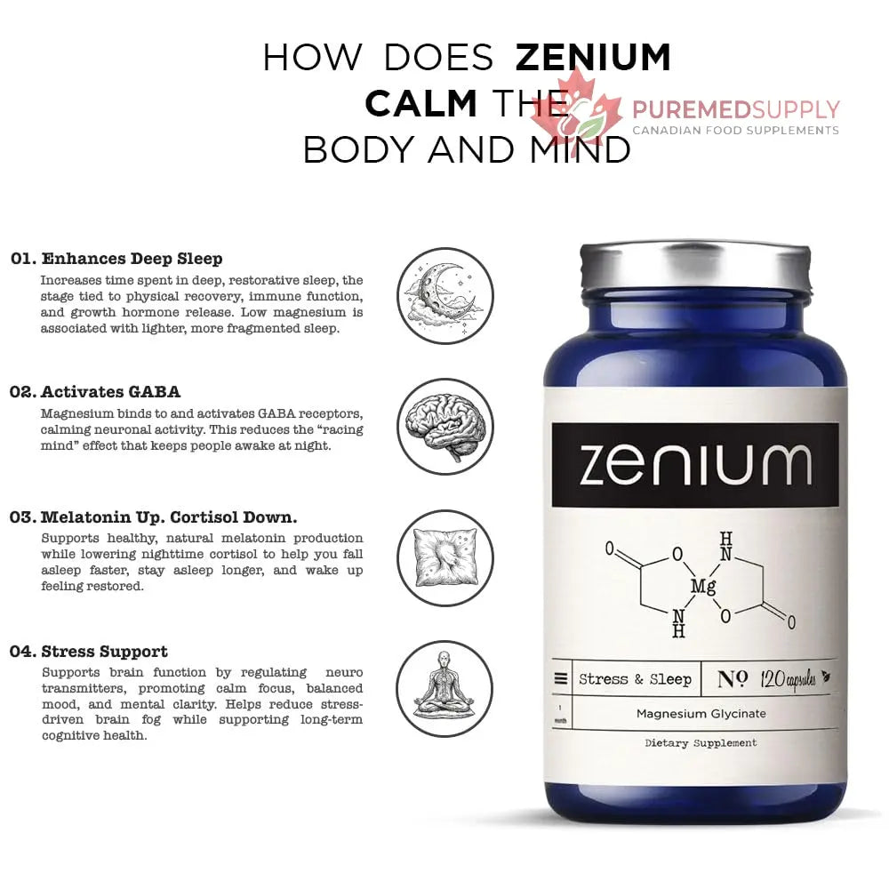 Zenium - Magnesium Glycinate for Sleep, Chelated, 600mg per Serving, 120 Capsules | High Absorption | Relieve Tension, Worry, Nervousness | Calm The Mind & Body | Ayurvedic | Natural Relief Supplement Zenium buy supplements canada