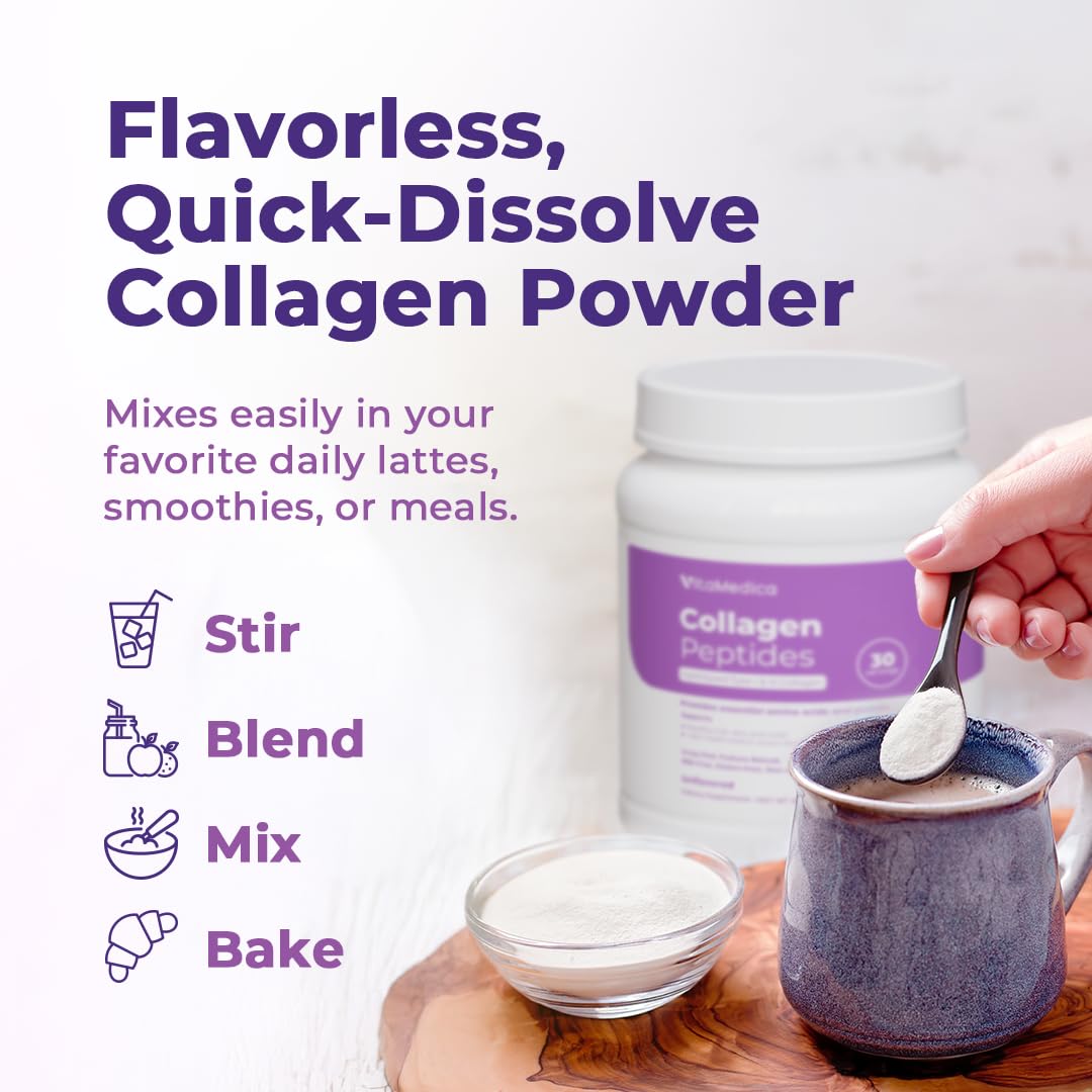 VitaMedica Collagen Peptides Powder for Women & Men - Healthy Hair, Skin, Nails, Bones and Joints - Hydrolyzed Types I & III, Grass-Fed, Pasture-Raised Protein, Zero Sugar - 30 Servings VitaMedica buy supplements canada