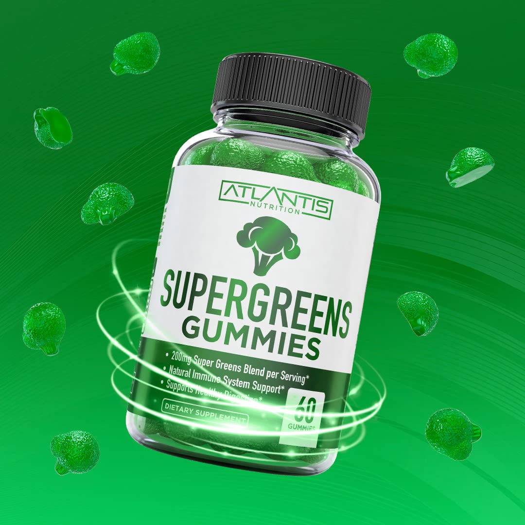 Atlantis Nutrition Supergreens Gummies - Daily Green Superfoods Supplement with Spinach, Broccoli, Moringa, Beet Root, Celery, Green Tea, & Acai for Immunity Support - Natural Raspberry Flavor, 60 cnt Atlantis Nutrition buy supplements canada