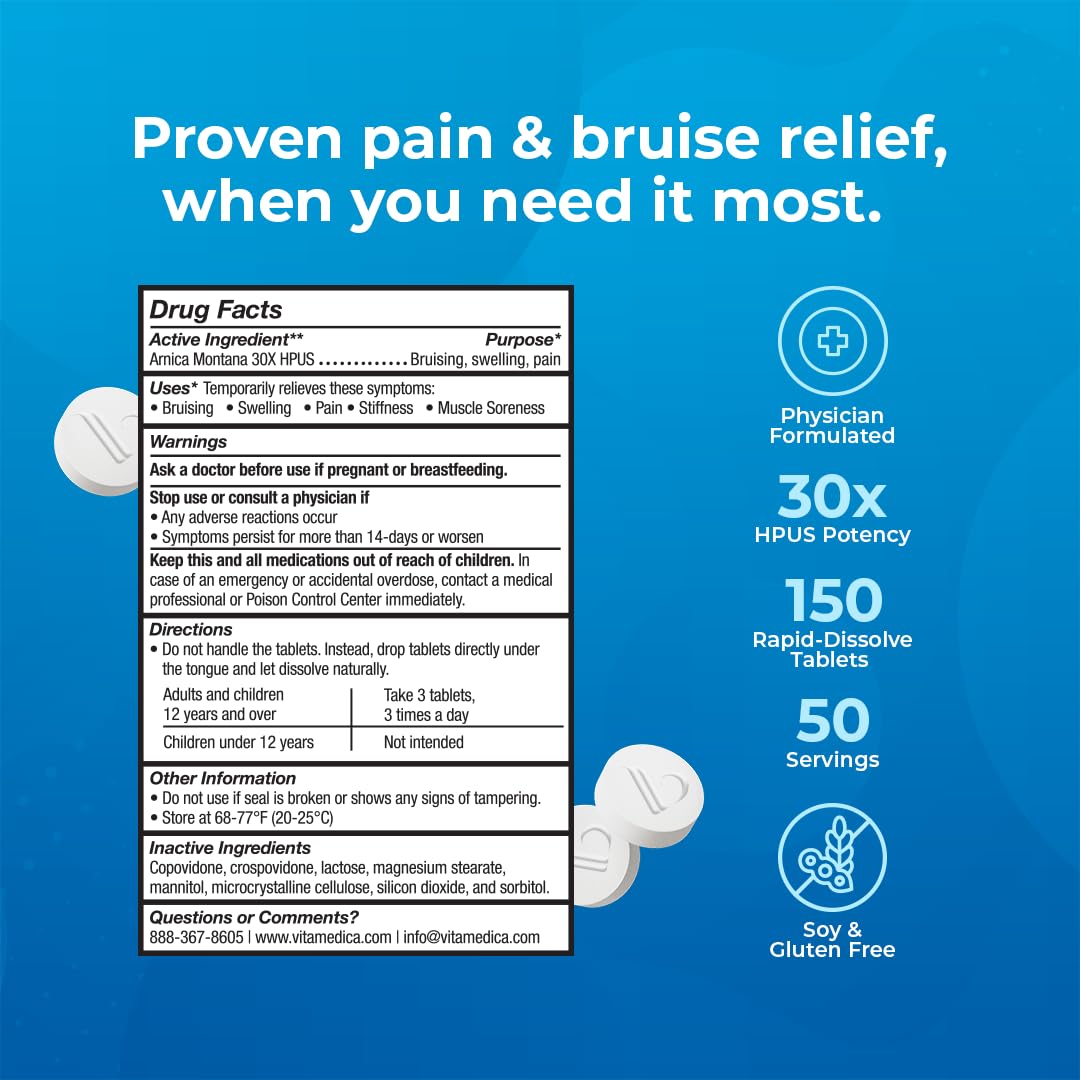 VitaMedica Arnica Montana 30X Homeopathic Tablets for Bruising Pain and Swelling | Plant Based Formula | Recommended by Plastic Surgeons | Natural Recovery Surgery Or Injury | 3 Pack | 150 Servings VitaMedica buy supplements canada