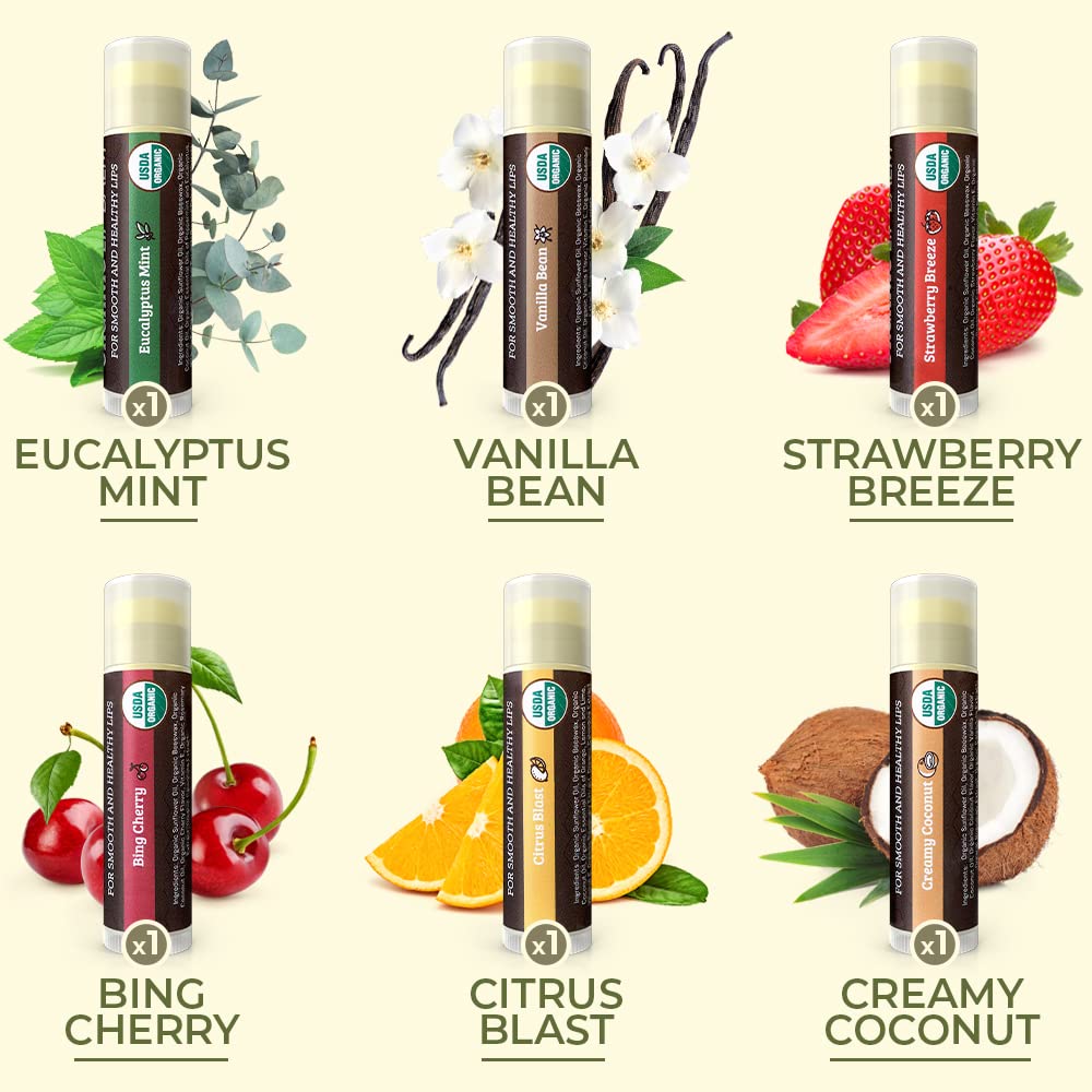 Earth's Daughter USDA Organic Lip Balm 6-Pack - Fruit Flavors, Beeswax, Coconut Oil, Vitamin E - Best Lip Repair Earth's Daughter buy supplements canada