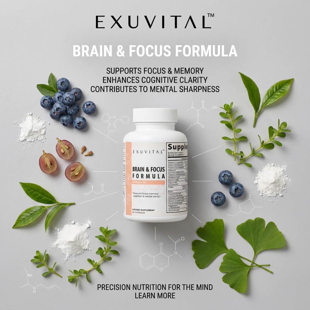 EXUVITAL Brain & Focus Formula, Veggie Capsules, 60 Count, Nootropic Supplement with Vitamins, Minerals and Proprietary Blend for Clarity, Memory, Cognition and Mental Focus EXUVITAL buy supplements canada