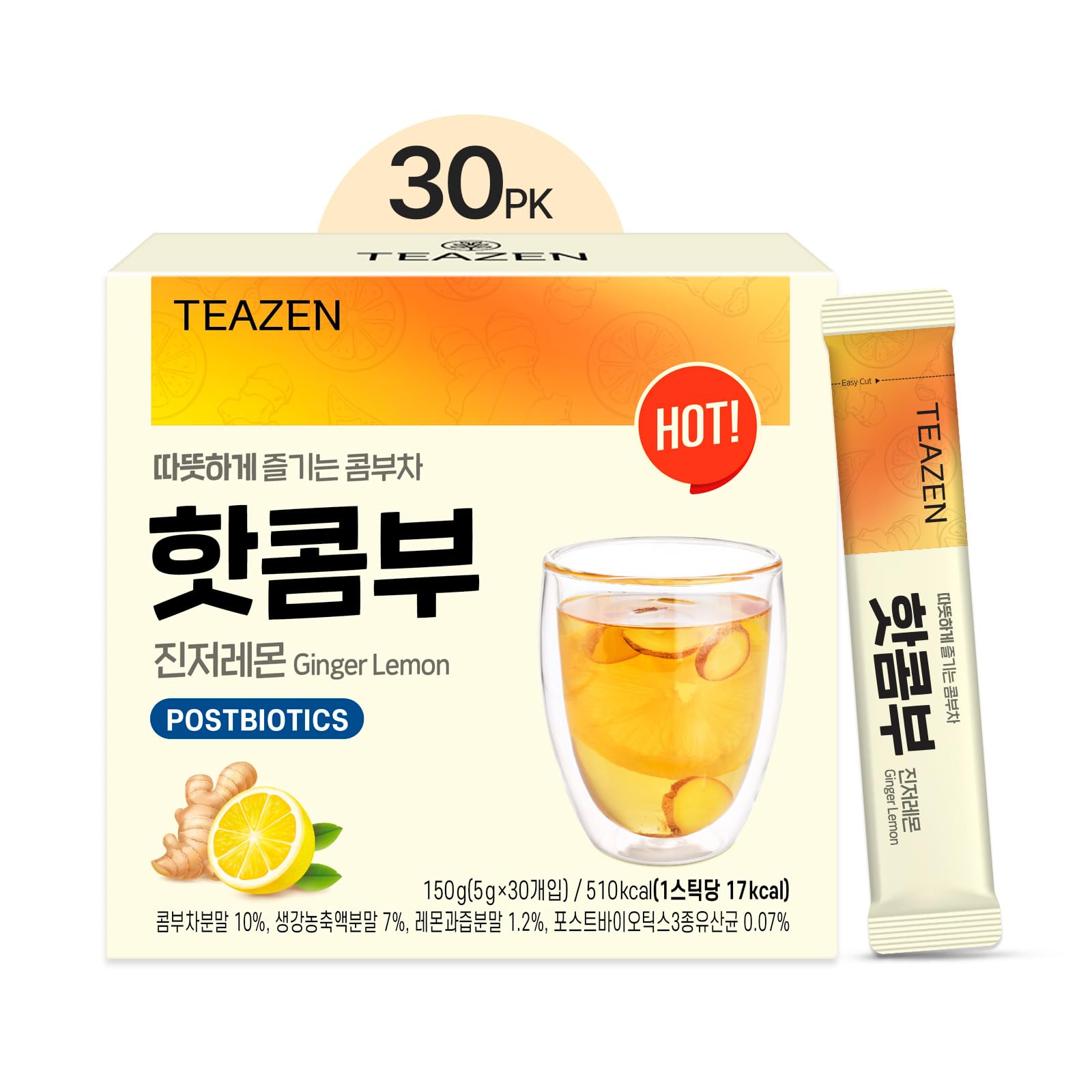 TEAZEN Lemon Ginger Hot Kombucha Tea, Live Probiotics & Postbiotics, Relaxation and Warmth for Colds and Sore Throat, Hydration Drink Mix, Sugar Free, 30 Sticks, 5.29oz TEAZEN buy supplements canada