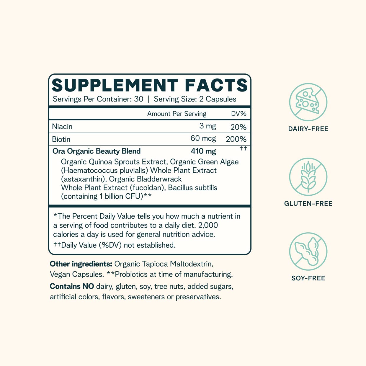 Ora Organic Hair, Skin, and Nails Support- BeYouTiful - Beauty Supplement with B Vitamins and Algae Extracts for Healthy Hair and Skin - 60 Vegan Capsules Ora Organic buy supplements canada