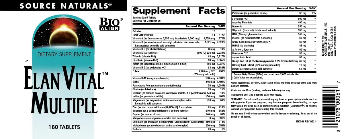 Source Naturals Elan Vital Multiple - Supports Brain, Heart, Liver, Immune, Energy Boost - 180 Tablets Source Naturals buy supplements canada