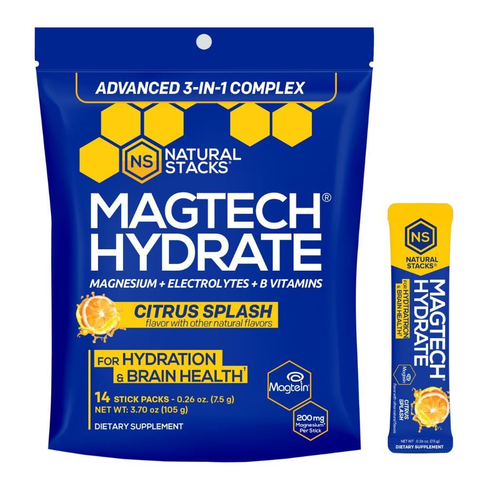 MagTech Magnesium Hydrate Packets - Sugar Free Hydration Powder - Magtein Magnesium L-Threonate, Glycinate & Taurate - 200mg Chelated Triple Complex - Supports Hydration & Brain Health* - 14 Servings NATURAL STACKS buy supplements canada