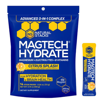 MagTech Magnesium Hydrate Packets - Sugar Free Hydration Powder - Magtein Magnesium L-Threonate, Glycinate & Taurate - 200mg Chelated Triple Complex - Supports Hydration & Brain Health* - 14 Servings NATURAL STACKS buy supplements canada