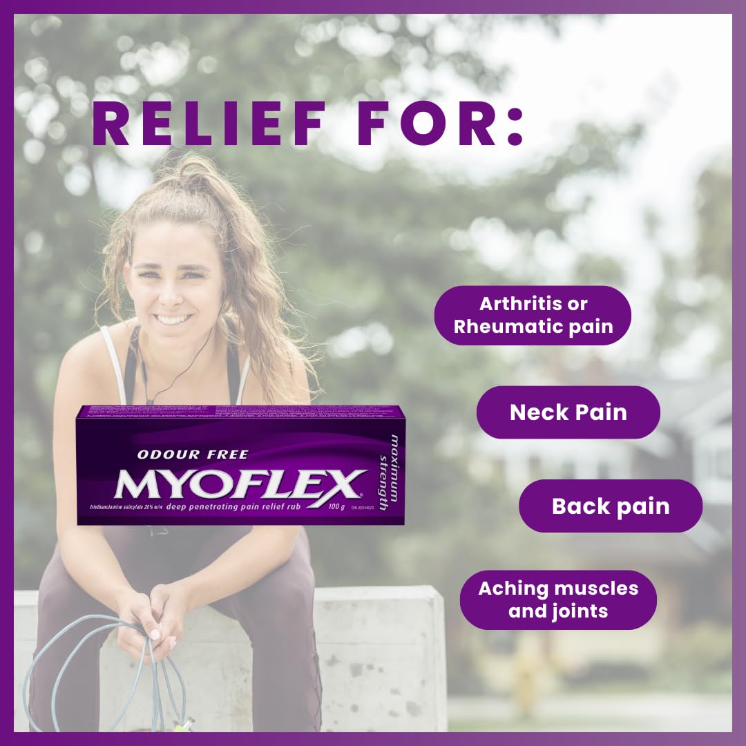 Myoflex Pain Relief Rub | Odourless | Provides Deep Penetrating Relief of Muscle Soreness & Joint Pain | Menthol Free | Stain Free | Non-Greasy | Great for Ages 2+ | 100 Grams (Maximum Strength) Myoflex buy supplements canada