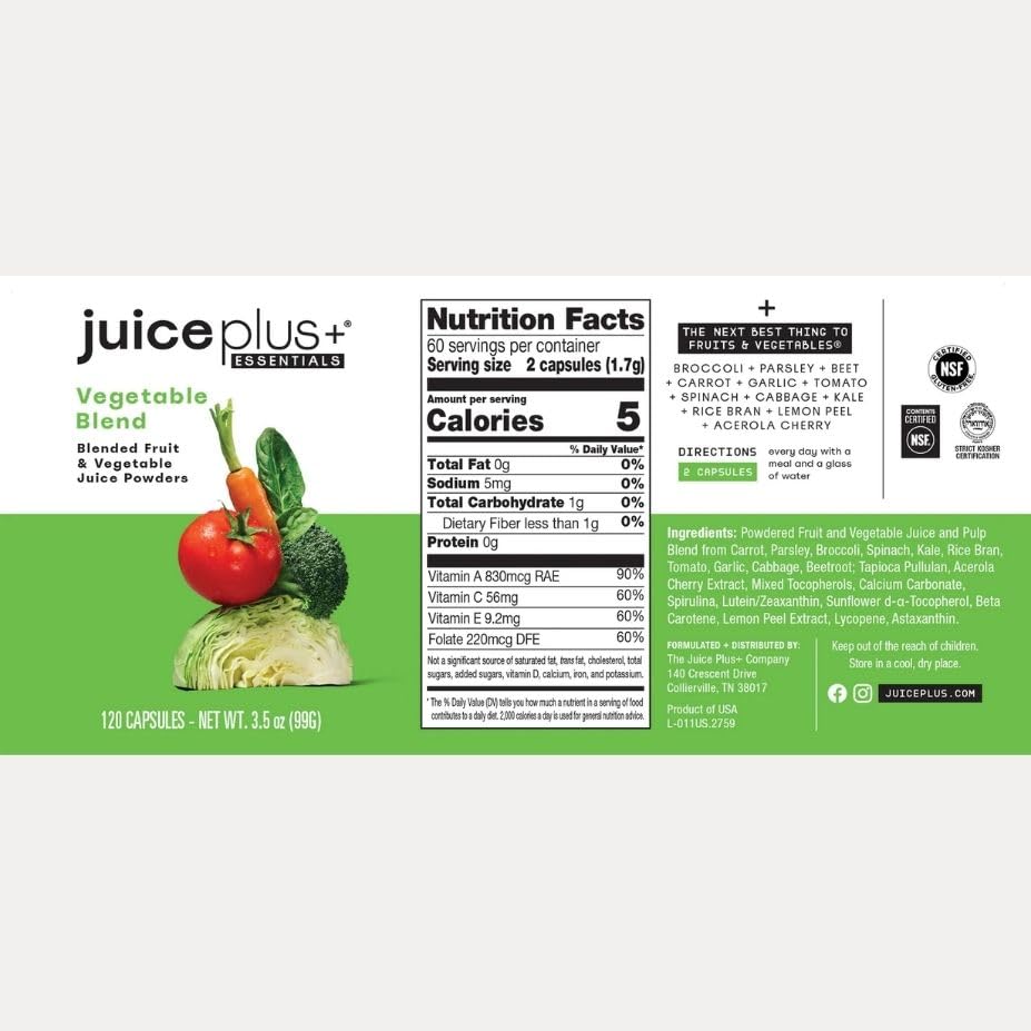 Juice Plus+ Vegetable Blend: with Broccoli, Parsley, Tomato & More - Plant-Based, Vegan, Gluten-Free, Non-GMO, Kosher - for Heart, Immune, Cognitive & Skin Health - 1 Bottle (60 Servings) Juice Plus+ buy supplements canada