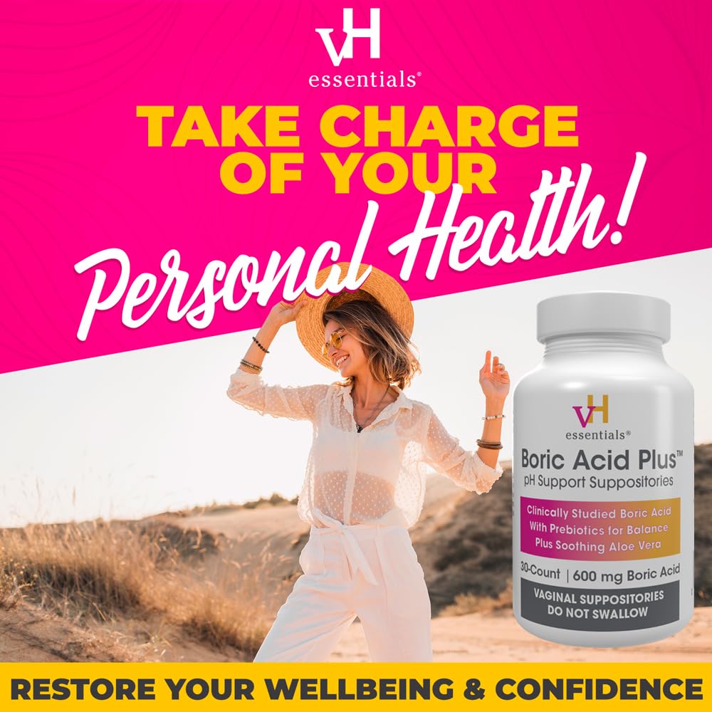 vH Essentials Boric Acid Plus Vaginal Suppositories, Prebiotic Infused with Soothing Aloe Vera, pH Support Formula Fights Odor and Promotes Freshness, 600mg Boric Acid, 30 Count vH essentials buy supplements canada