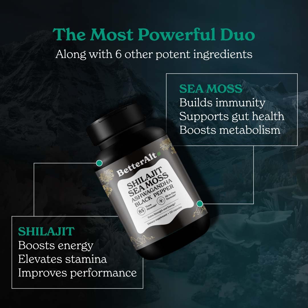 Better Alt Shilajit Sea Moss Capsules Pack of 2 with Ashwagandha & Black Pepper Extract with 85+ Essential Minerals & Antioxidants| Boosts Energy & Metabolism - 120 Servings, 240 Capsules Better Alt buy supplements canada