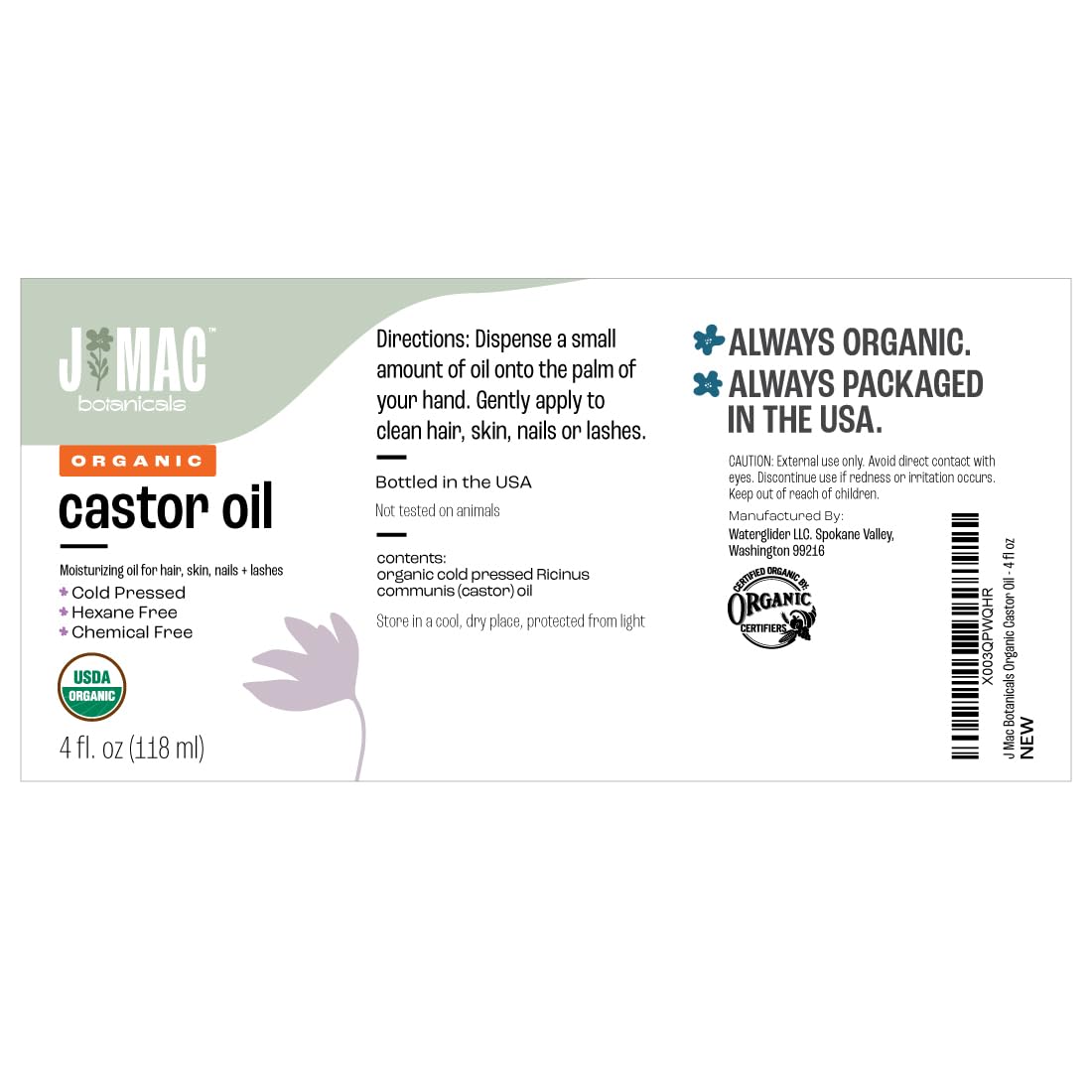 J MAC BOTANICALS Organic Castor Oil Cold Pressed (Glass Bottle, 4 oz ) J MAC BOTANICALS buy supplements canada
