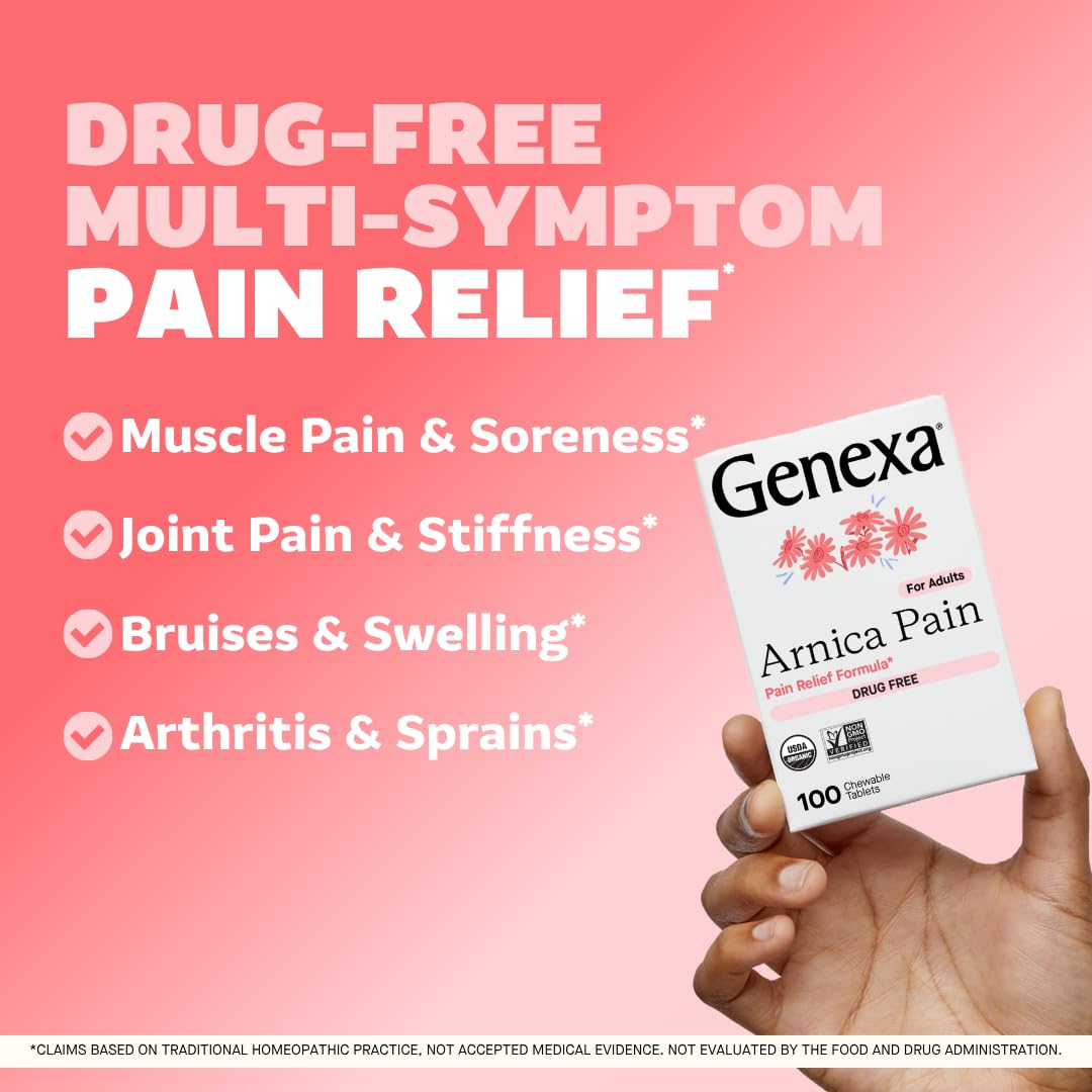 Genexa Arnica for Pain Relief | Alleviate Muscle & Joint Pain, Soreness & Stiffness | Reduces Bruises & Swelling | Organic Grape Flavor | Homeopathic Remedy Made Clean | 100 Chewable Tablets Genexa buy supplements canada