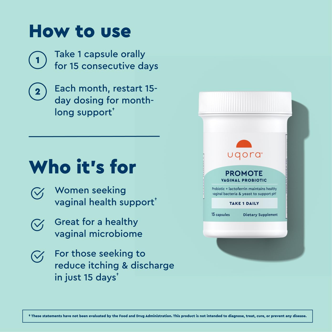 Uqora Promote - Support Vaginal Health* - Probiotic for Women with Lactoferrin, Lactobacillus Acidophilus & Lacticaseibacillus Rhamnosus - Vaginal Probiotics - Gluten-Free - 15 Capsules Uqora buy supplements canada