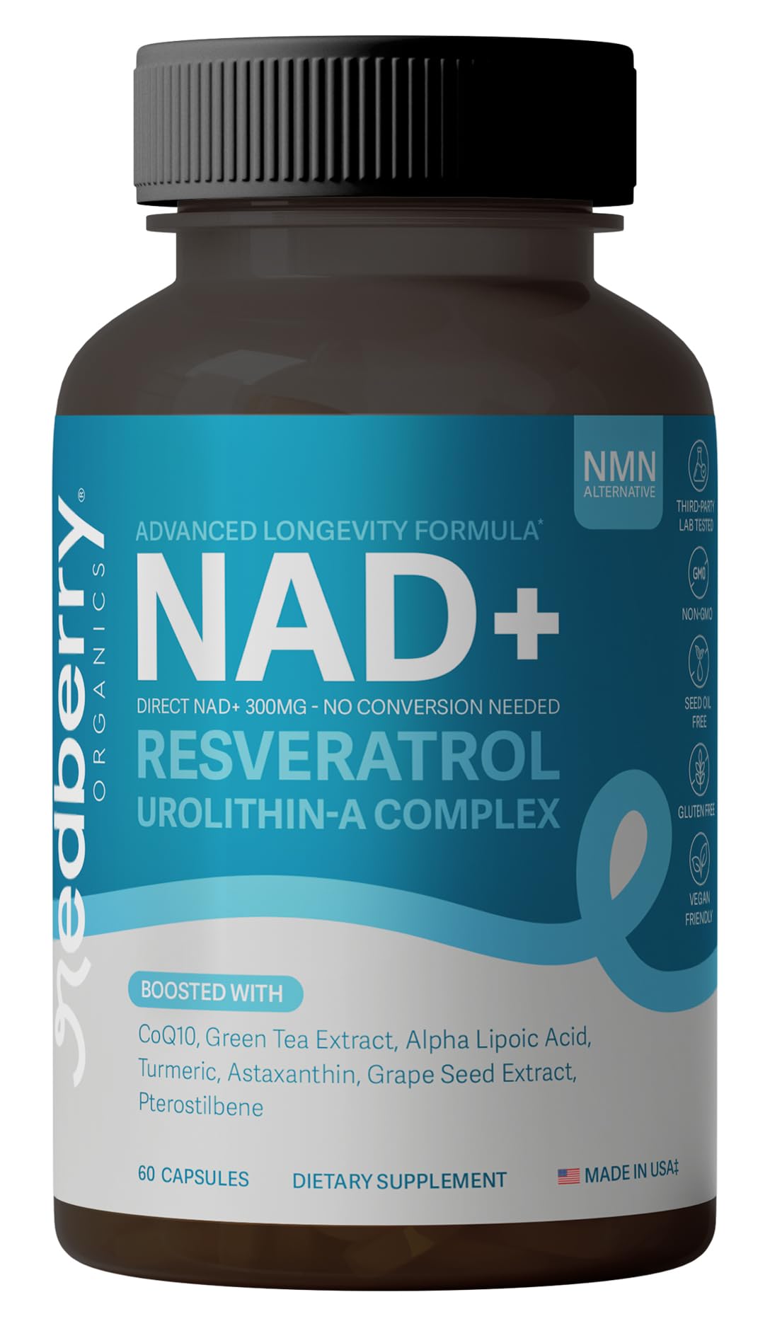 NAD Supplement with Direct NAD+ 300mg (NAD Plus) | Advanced Longevity Complex with Urolithin A & Resveratrol | NMN Alternative | 60 Capsules | Non-GMO, Gluten Free | Made in USA Redberry Organics buy supplements canada