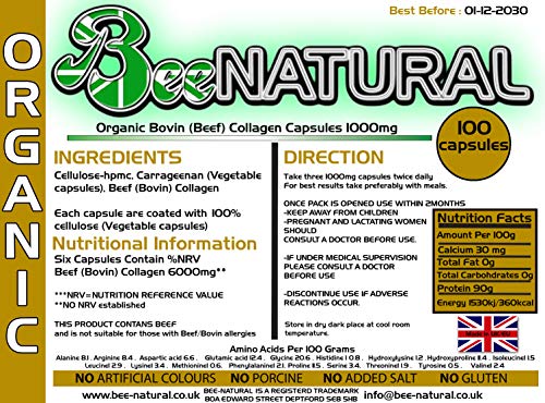 Beef Bovin 100 Hydrolyzed Collagen 1000mg Capsules Bee-natural buy supplements canada