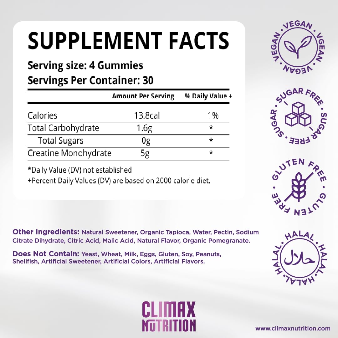 Creatine Monohydrate Gummies - Vegan, Sugar-Free, Gluten-Free - Boosts Muscle Recovery, Strength & Lean Muscle Growth - Brain Health Support - for Men & Women - Blueberry Flavor - 120 Gummies CLIMAX NUTRITION buy supplements canada