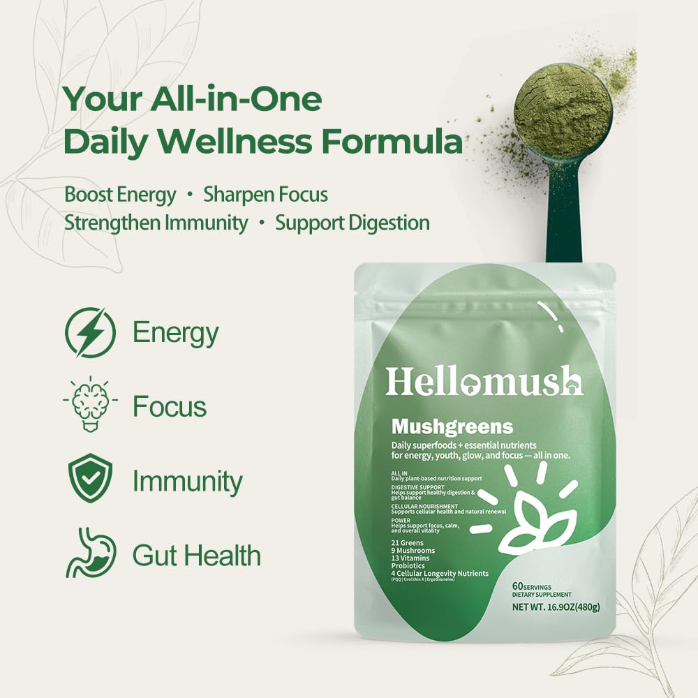 Hellomush Super Greens Powder Superfood, Daily Green Powder Supplement with Probiotics Drink Mix for Men & Women, Blend of Greens, Mushrooms, Vitamins, Probiotics and Cellular Nutrients Hellomush buy supplements canada