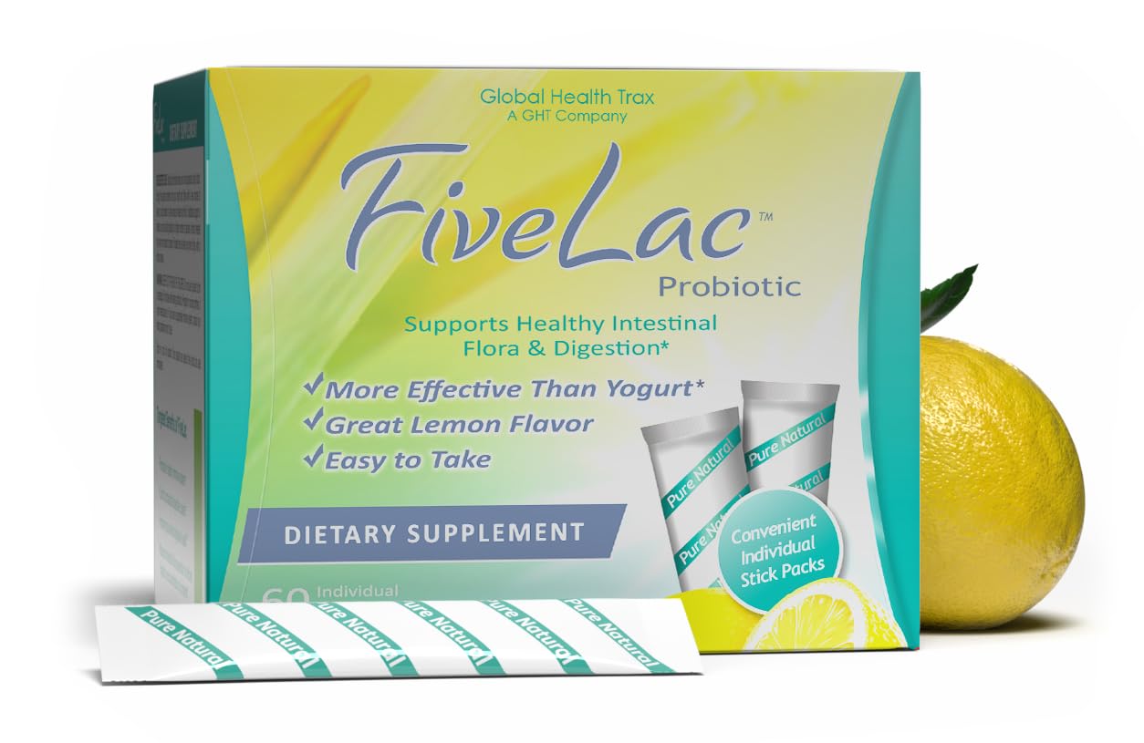 Global Health Trax GHT - FiveLac Lemon Probiotic Powder Drink Mix, Probiotics for Women, Men, Kids - Smooth Digestive Support & Elimination – Relieve Constipation & Gas - 60 Packets, 3.18 Oz, Non-GMO ght Global Health Trax buy supplements canada