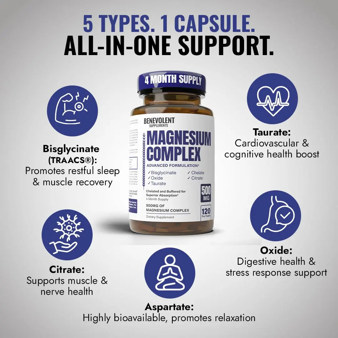 Magnesium Complex Supplement, 4 Month Supply of 500mg 5-in-1 Bisglycinate, Oxide, Taurate, Aspartate, Citrate, Max Absorption Magnesium Supplement for Calm, Sleep & Leg Cramps, 120 Capsule Benevolent Nourishment buy supplements canada