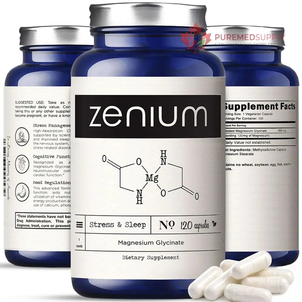 Zenium - Magnesium Glycinate for Sleep, Chelated, 600mg per Serving, 120 Capsules | High Absorption | Relieve Tension, Worry, Nervousness | Calm The Mind & Body | Ayurvedic | Natural Relief Supplement Zenium buy supplements canada