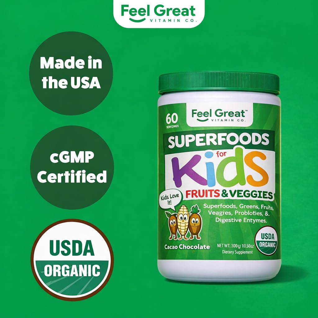 Feel Great USDA Organic Super Greens Powder for Kids - Cocao Chocolate | Fruit & Veggie Supplement | Superfood Powder with Probiotics & Digestive Enzymes for Digestive Health | 60 Days Supply The Feel Great Vitamin Company buy supplements canada
