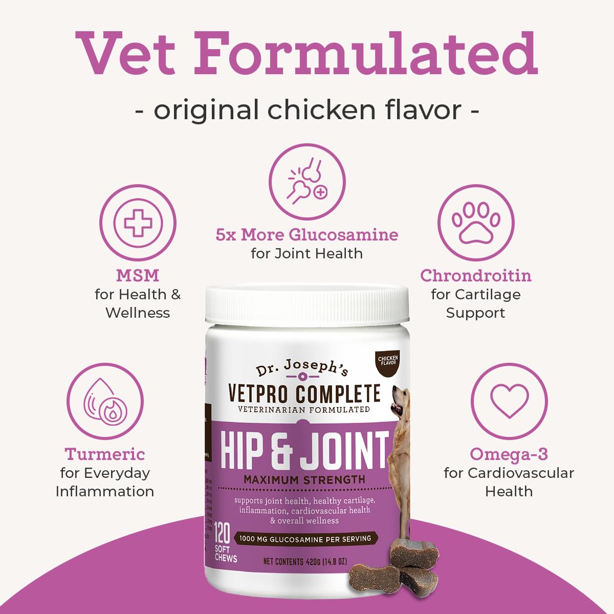 Dr. Joseph's VetPro Complete Dog Hip & Joint Supplement for Arthritis Pain Relief – High-Strength Glucosamine & Chondroitin Chews for Senior Dogs – Vet Formulated Daily Treats, Chicken Flavor, 120 Ct VetPro Complete buy supplements canada