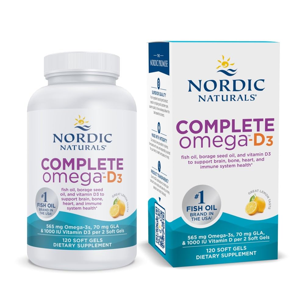 Nordic Naturals Complete Omega-D3, Lemon Flavor - 120 Soft Gels - 565 mg Omega-3 + 70 mg GLA + 1000 IU Vitamin D3 - EPA & DHA - Healthy Skin, Cognition, Positive Mood - Non-GMO - 60 Servings Nordic Naturals buy supplements canada