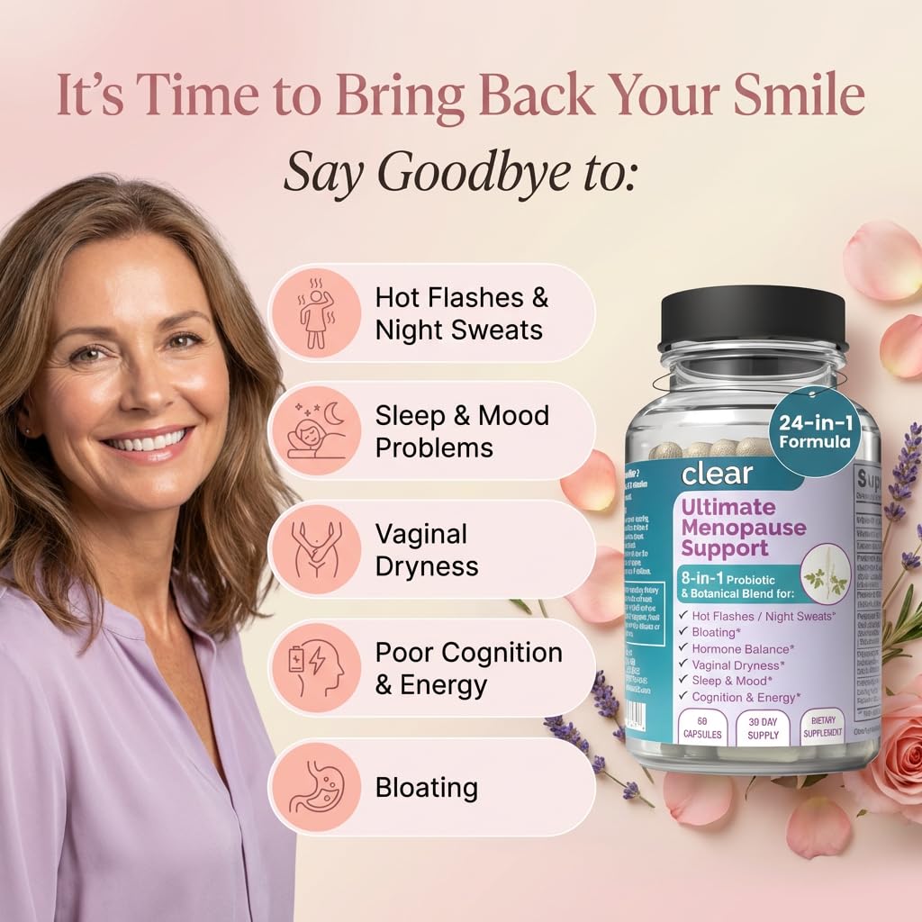 Clear Menopause Support for Women | 25-in-1 Formula with Black Cohosh, Dong Quai, Pre & Probiotics | Hot Flashes, Night Sweats, Mood, Sleep & Digestion | Hormone-Free | Made in USA | 60 Capsules Clear Probiotics buy supplements canada