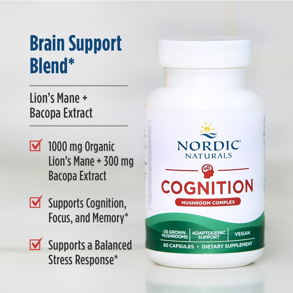 Nordic Naturals Cognition Mushroom Complex, Unflavored - 60 Capsules - Brain, Memory & Mood Support - Blend of Lion’s Mane Mushroom & Bacopa Extract - Non-GMO - Certified Vegan - 30 Servings Nordic Naturals buy supplements canada