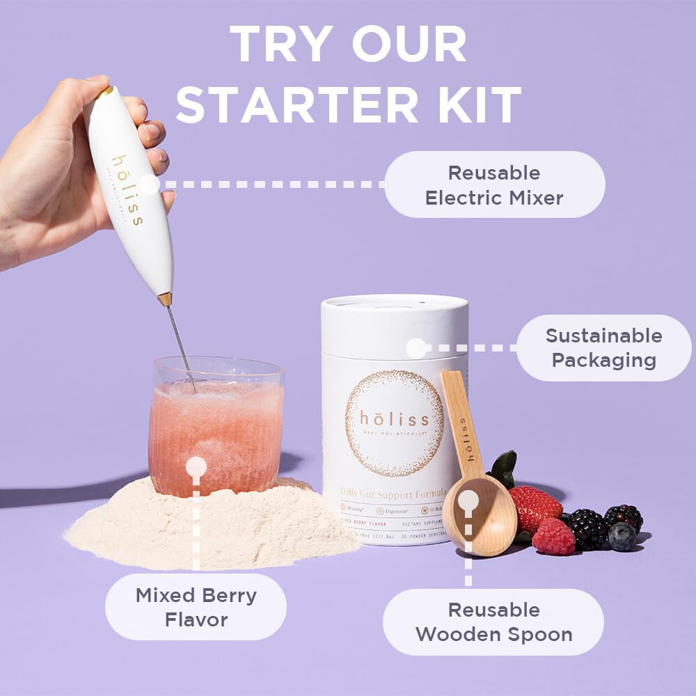 HOLISS Daily Gut Health Kit – 6-in-1 All Natural Supplement, Bloat & Gas Aid, GI Lining Repair, IBS Support – Lemon Balm, L-Glutamine, PepZinGI, Mixed Berry, 30 Servings, Electric Mixer & Spoon HOLISS buy supplements canada