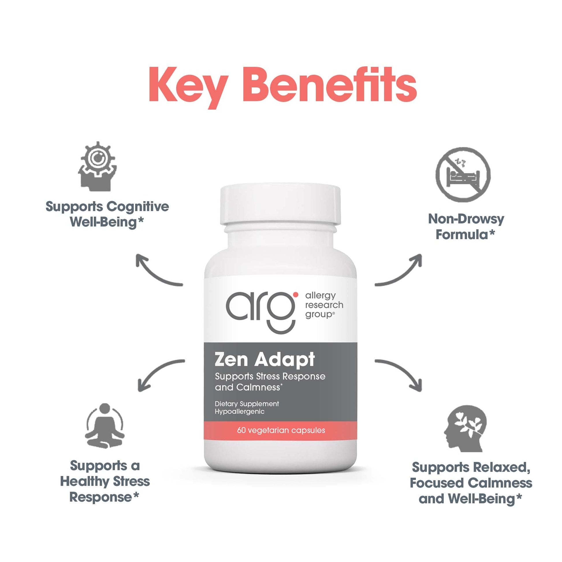 ARG Zen Adapt - 200 mg L-Theanine, 125 mg Ashwagandha & 550 mg GABA - Supports Stress Response and Calmness - Vegetarian Capsules - Hypoallergenic Formula - 30 Servings - 60 Capsules Allergy Research Group buy supplements canada