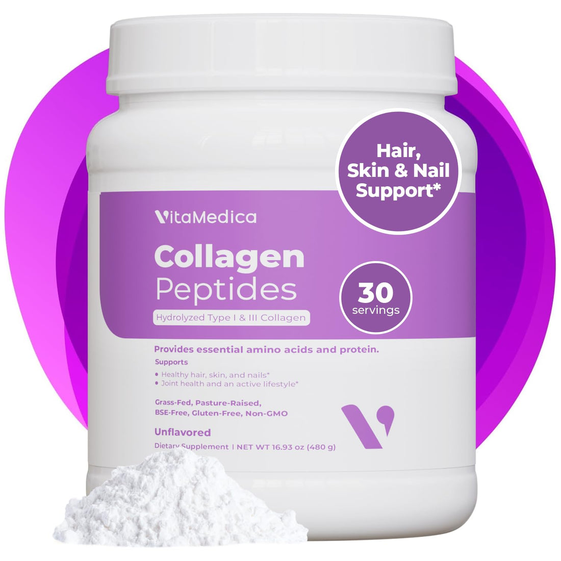 VitaMedica Collagen Peptides Powder for Women & Men - Healthy Hair, Skin, Nails, Bones and Joints - Hydrolyzed Types I & III, Grass-Fed, Pasture-Raised Protein, Zero Sugar - 30 Servings VitaMedica buy supplements canada