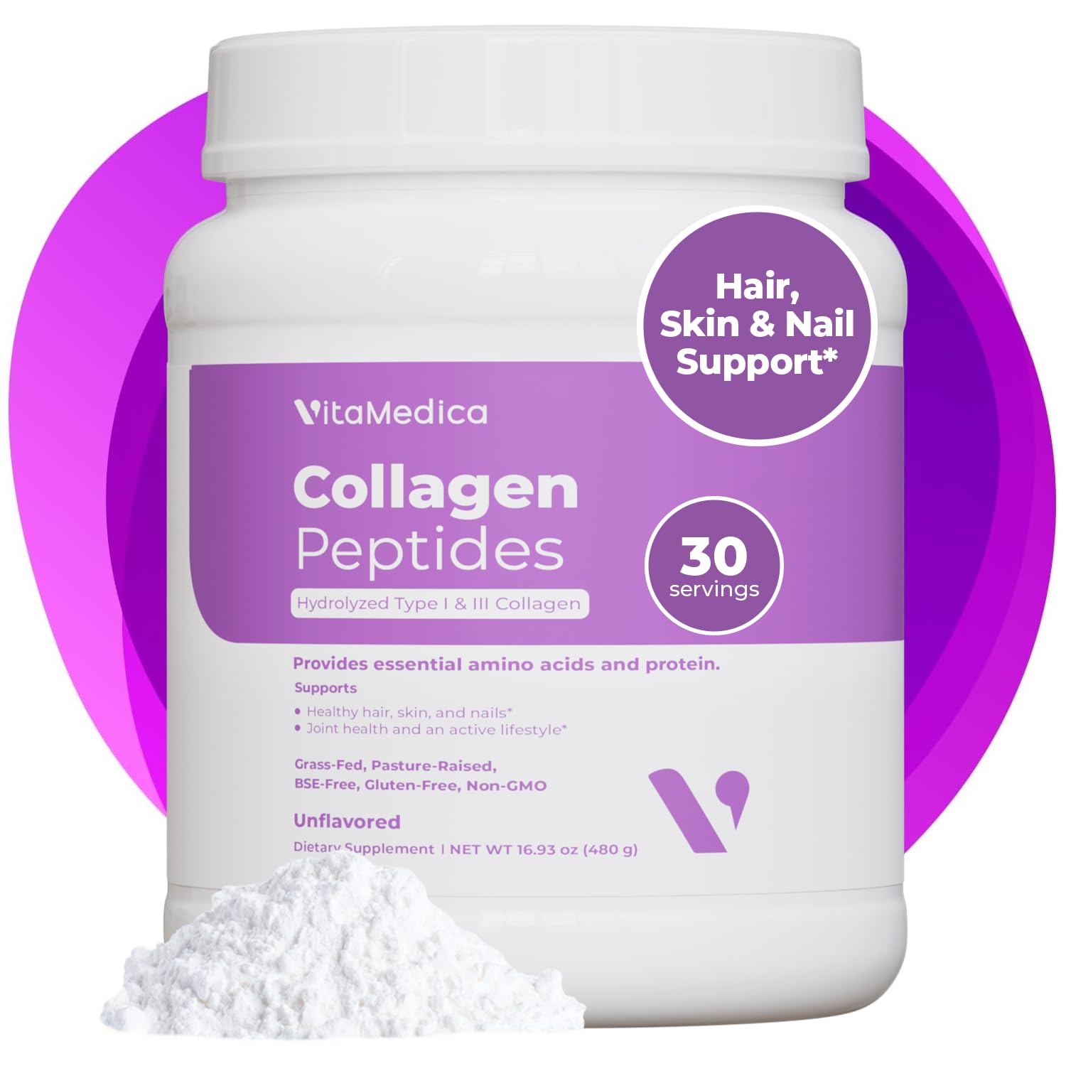 VitaMedica Collagen Peptides Powder for Women & Men - Healthy Hair, Skin, Nails, Bones and Joints - Hydrolyzed Types I & III, Grass-Fed, Pasture-Raised Protein, Zero Sugar - 30 Servings VitaMedica buy supplements canada