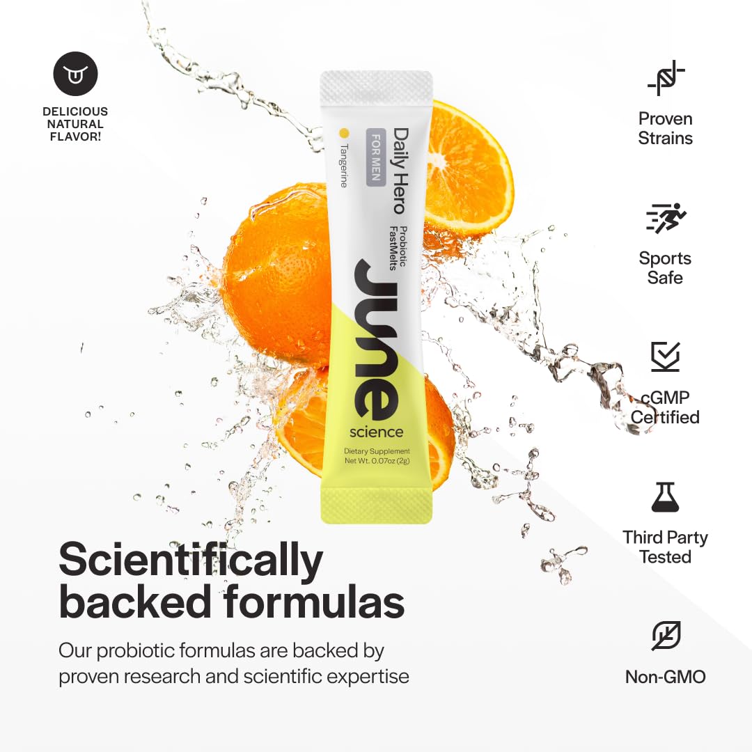 June Science Daily Hero for Men | Fast Melt Pre + Probiotic for Men - Tangerine Flavor, 30 Powder Sachets June Science buy supplements canada