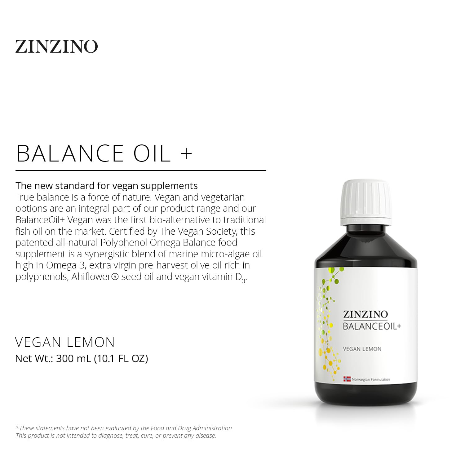 Zinzino - BalanceOil+ Vegan Lemon, Synergistic Blend with Marine Micro-Algae, Olive Oil, Ahiflower Seed Oil, Vegan Vitamin D3-300 ml ZINZINO buy supplements canada