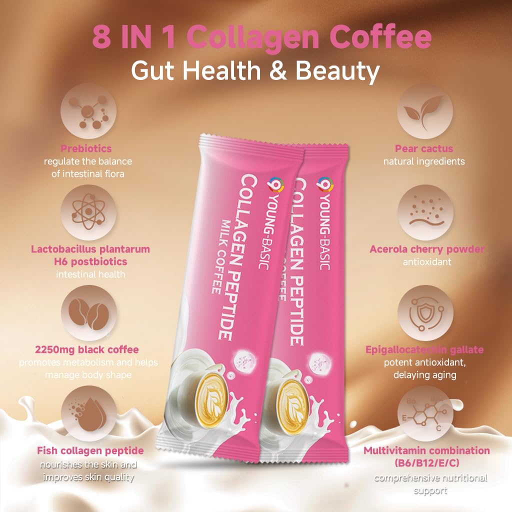 Collagen Peptide Milk Coffee - Rich in Premium Marine Fish Collagen Peptides, Multivitamins (B6/B12/C/E) and Prebiotics, Instant Milk Coffee with Creamer for Skin, Antioxidant, Aging and Gut Health 9 YOUNG-BASIC buy supplements canada
