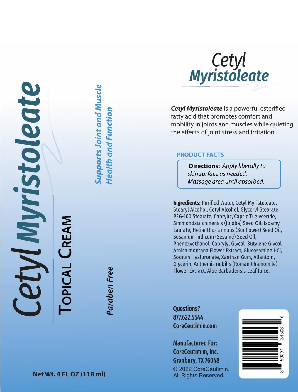 Cetyl Myristoleate Topical Cream Omega 5 Fatty Acid - Helps Reduce Joint and Muscle Discomfort - Includes Arnica, Glucosamine, Aloe,Jojoba, Sunflower & Sesame Seed Oil - 4oz. by Coreceutimin CoreCeutimin buy supplements canada